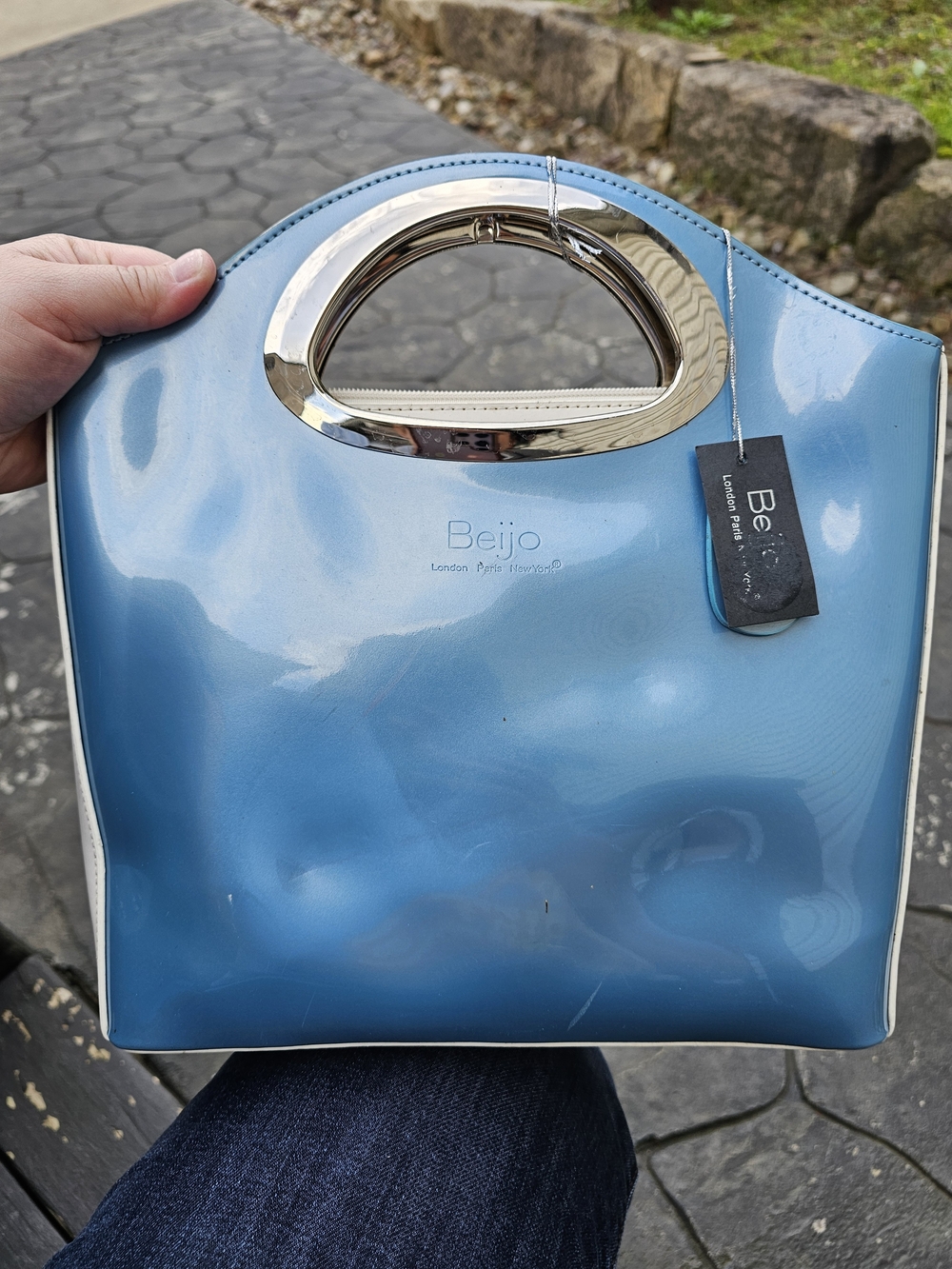 Beijo Blue Patent Clutch with Silver Handle and White Trim